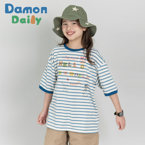 DAMON中大童涂鸦企鹅条纹短袖