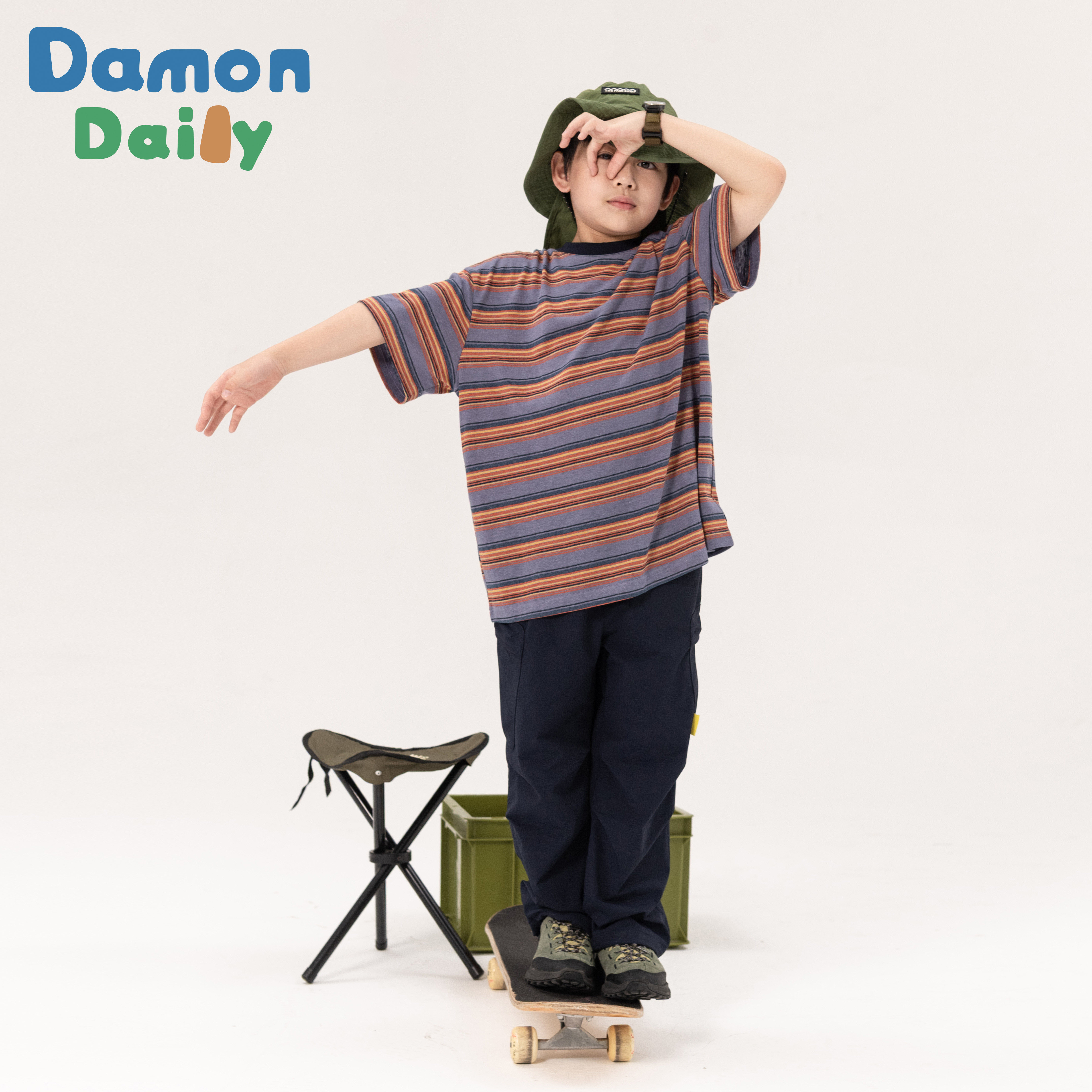 DAMON DAILY 中大童夏季条纹T恤 男女童棉麻天丝柔软落肩短袖
