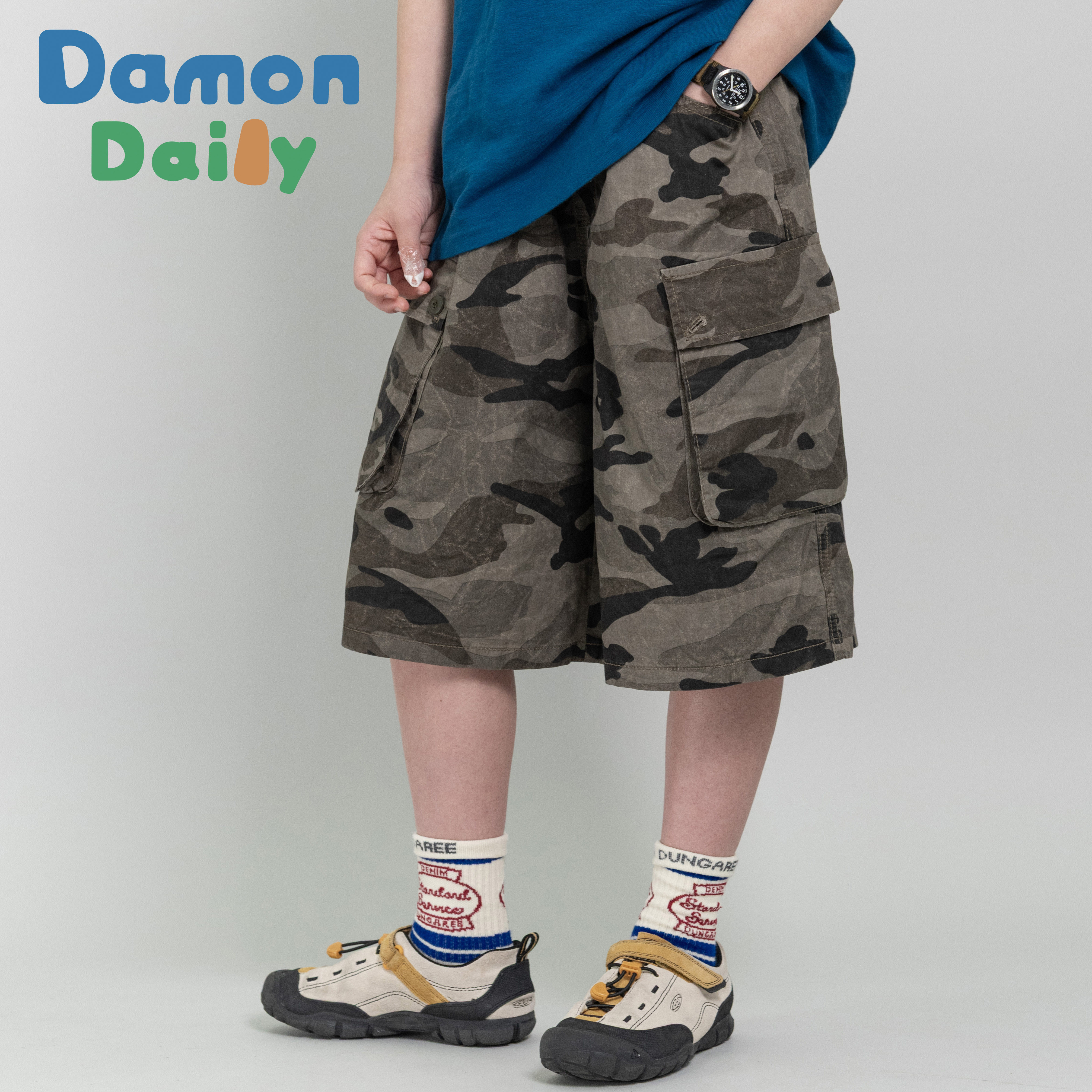 DAMON DAILY 26夏新男女童复古迷彩立体口袋工装短裤休闲五分短裤