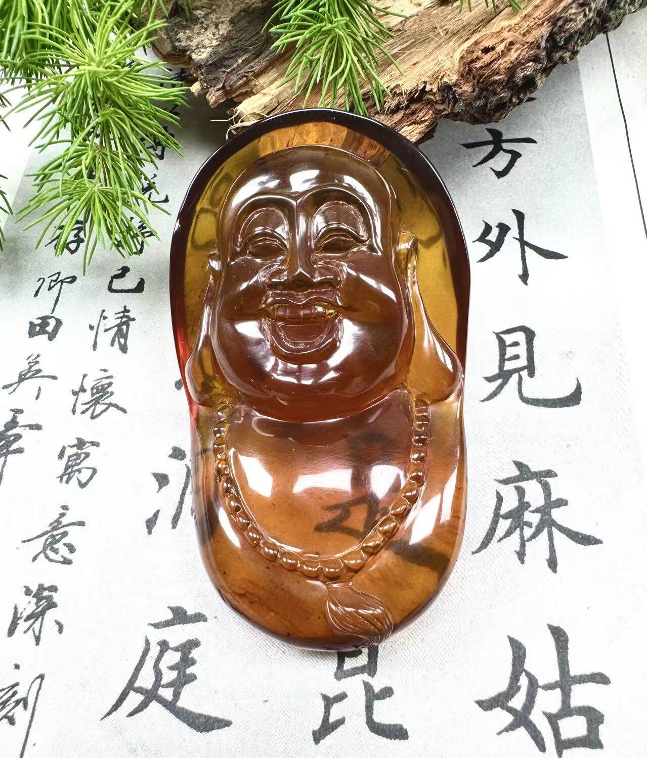 天然琥珀佛公吊坠缅甸金棕珀弥勒佛挂坠无优化男女笑佛挂件收藏级