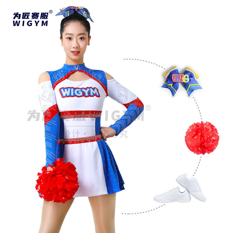 夏季新款儿童成人啦啦操露肩长袖短裙款啦啦队出场表演服装定制