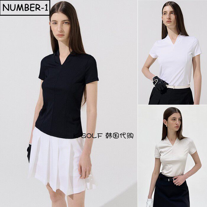 韩国代购anell高尔夫球服25年女夏纯色徽标图案V领短袖T恤套头衫