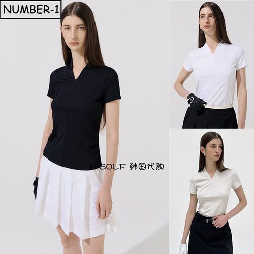 韩国代购anell高尔夫球服25年女夏纯色徽标图案V领短袖T恤套头衫