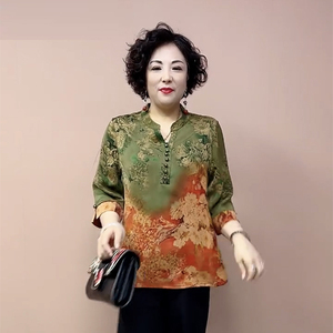 夏季新款妈妈装真丝上衣复古定位印花V领大码中袖桑蚕丝小衫套装