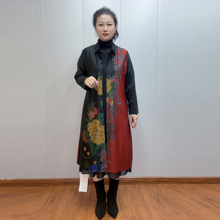 清仓处理风衣中老年妈妈春秋定位花翻领过膝长款 60岁花色外套