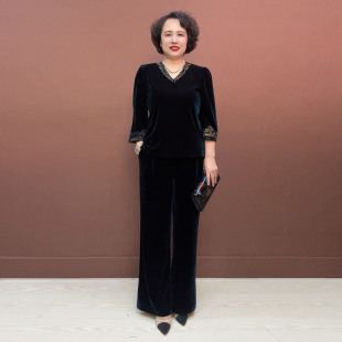 秋季新款洋气套装上衣裤子显瘦丝绒宽松加肥加大妈妈装国风两件套