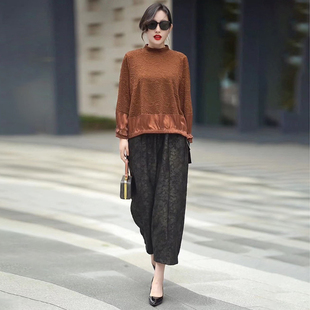 2025新款 女装 女春秋季 大码 半高领打底衫 胖MM人丝提花t恤上衣套装