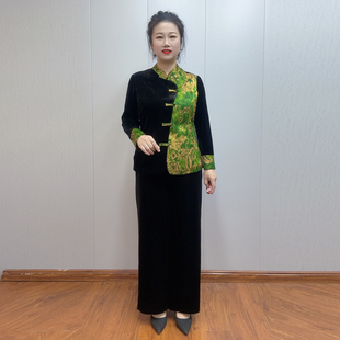 国风妈妈丝绒拼接上衣秋季新款撞色开衫旗袍外套阔腿裤大码两件套