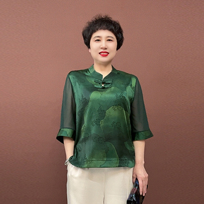 国风妈妈装真丝旗袍小衫裤子套装