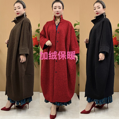 提花棉加绒富态长款加绒风衣宽松