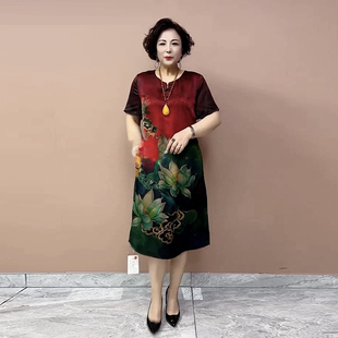 中老年媽媽真絲連衣裙夏季 桑蠶絲印花新中式 旗袍裙中長款 裙子 新款