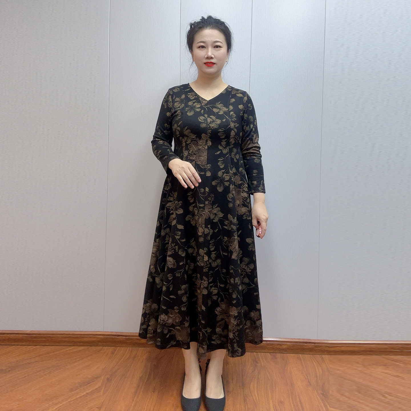 时尚妈妈花色长款大摆裙连衣裙秋