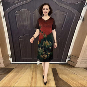 新中式妈妈装旗袍裙夏季新款短袖复古民族风真丝显瘦大码女士长裙
