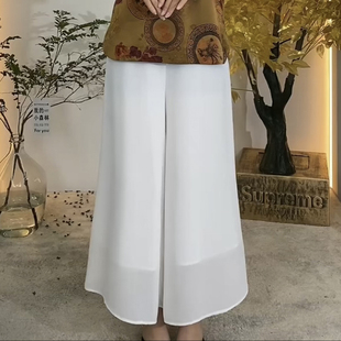 休闲裤夏季新款乔其纱薄款宽松阔腿裤亮片松紧腰百搭九分白色裤裙