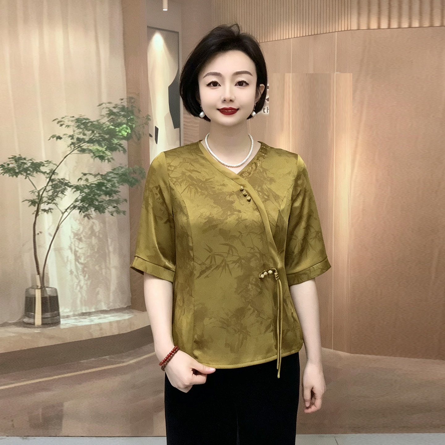 高品质妈妈提花缎小衫2026夏季新款国风改良旗袍上衣气质女人体恤