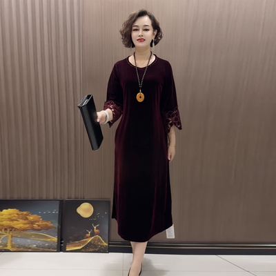 时尚妈妈真丝绒连衣裙秋季长裙女
