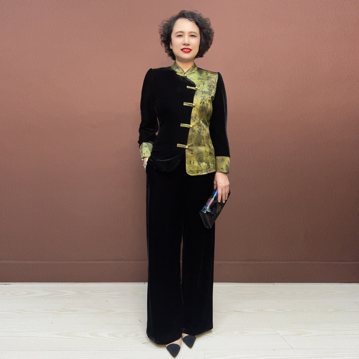 高档妈妈丝绒撞色外套阔腿裤套装