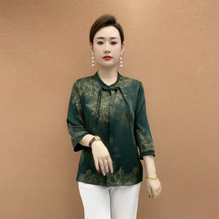 返潮国风妈妈装真丝旗袍上衣夏季新款立领花色七分袖开衫防晒衫女