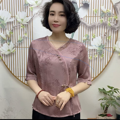 国风妈妈装夏季提花缎T恤上衣女