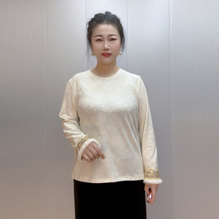 时尚妈妈秋冬新款加绒小衫国风拉绒圆领弹力显瘦大码百搭打底衫女