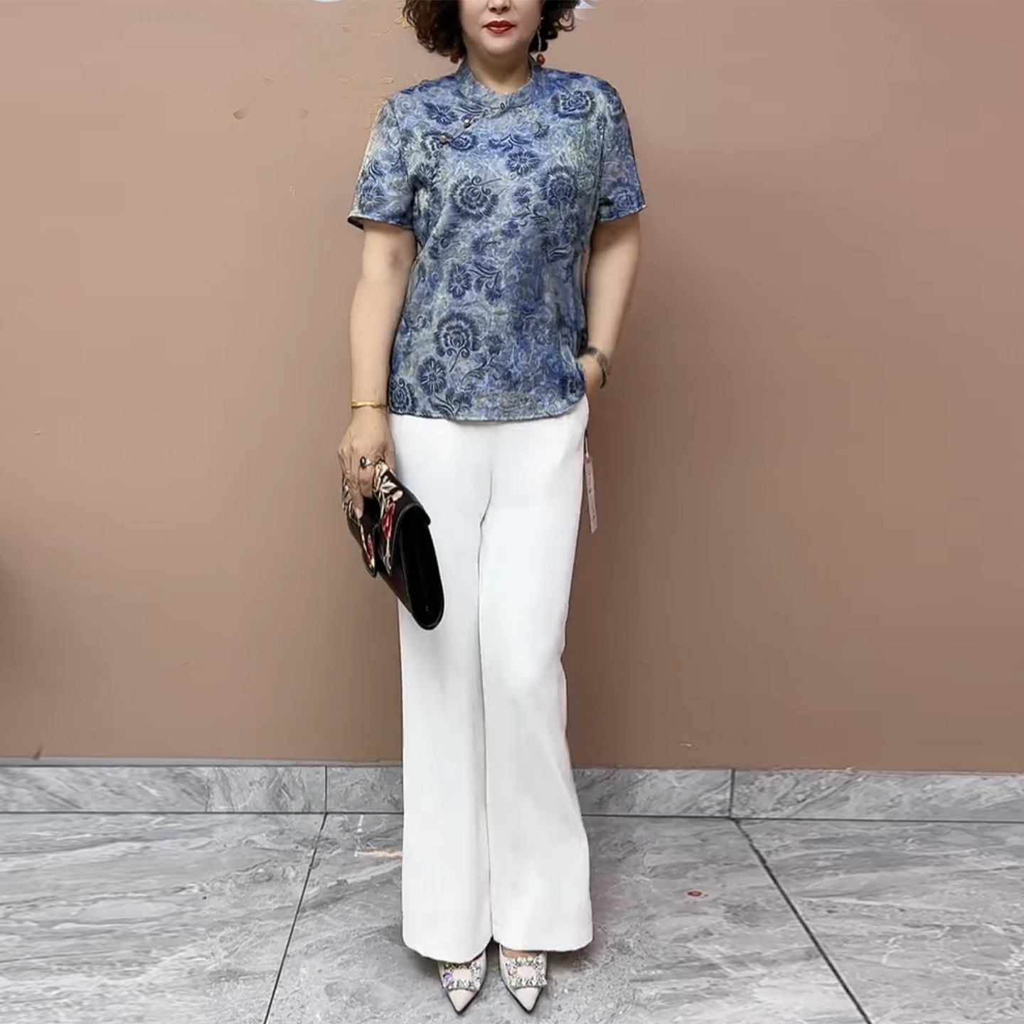 国风妈妈真丝旗袍上衣裤子两件套