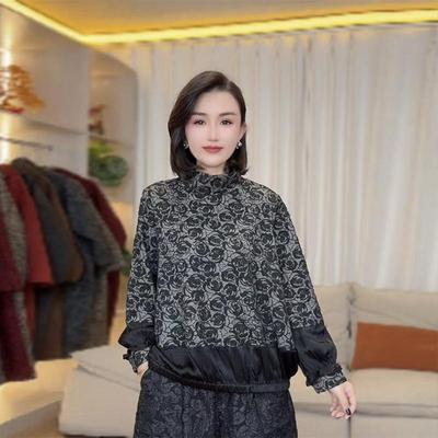 洋气印花妈妈装大码长袖T恤