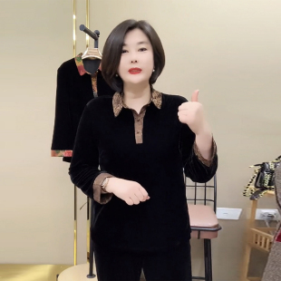 中老年春秋新款金丝绒长袖t恤妈妈洋气上衣宽松大码翻领打底衫女