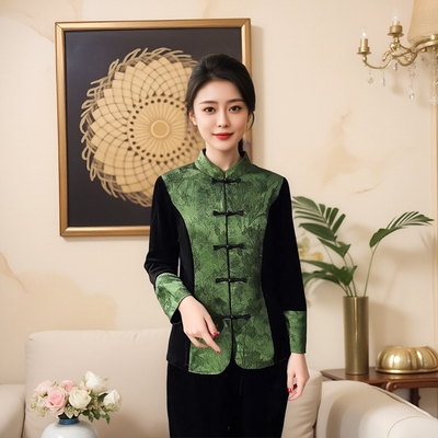 丝绒拼接盘扣国风外套气质减龄
