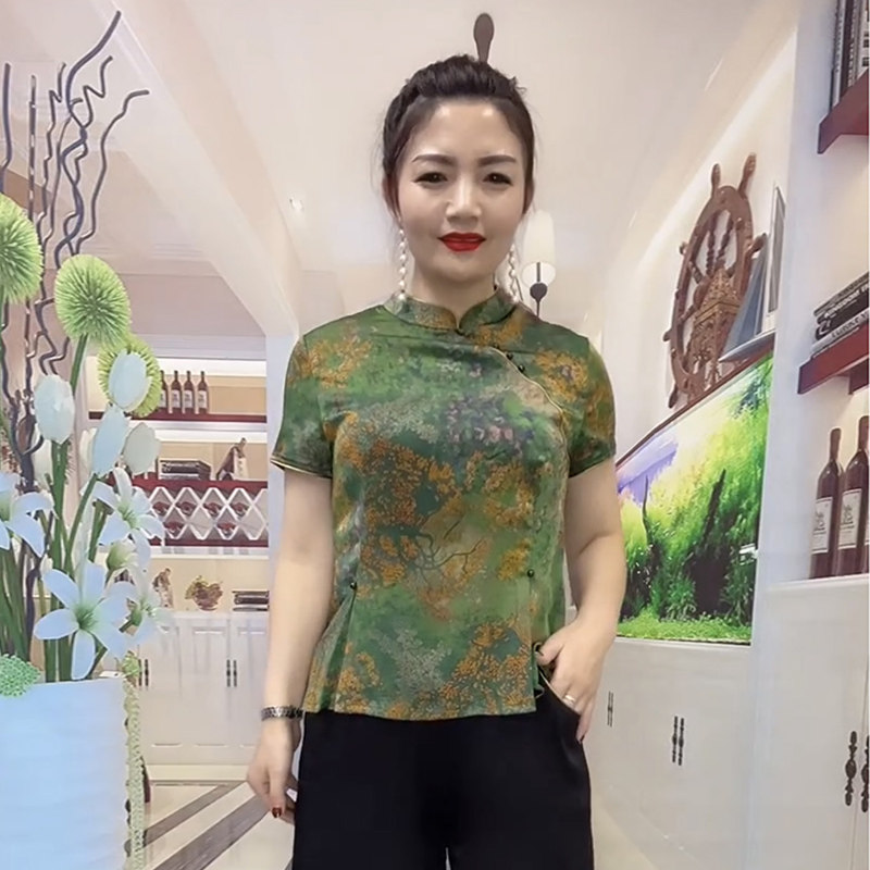 真丝体恤夏季新款中老年妈妈桑蚕丝复古改良旗袍衫修身显瘦短上衣