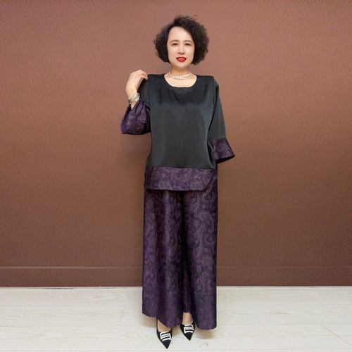 气质妈妈真丝缎两件套夏季提花套