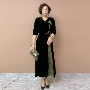 洋气妈妈丝绒拼接连衣裙秋季新款v领大码遮肚显瘦气质A版过膝长裙