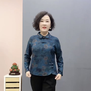 新中式旗袍上衣秋冬新款加绒小衫中老年妈妈德绒碎花翻领长袖体恤