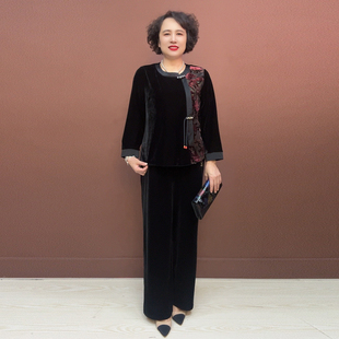 新中式返潮国风妈妈丝绒拼接上衣阔腿裤秋季大码显瘦气质两件套女