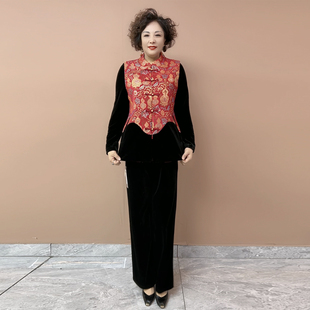 返潮国风提花缎马甲春装新款中老年妈妈立领旗袍坎肩小衫三件套女