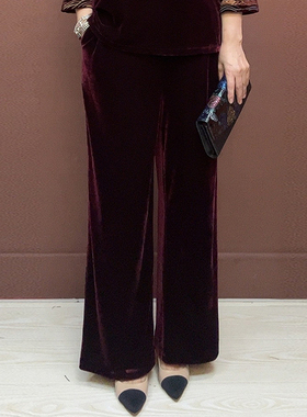 洋气妈妈真丝绒裤子秋季新款松紧腰阔腿裤大码显瘦松紧腰纯色长裤