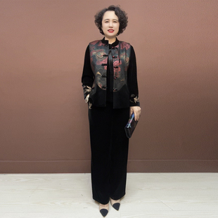 新中式国风妈妈撞色马甲秋季新款流苏设计花色坎肩小衫裤子两件套