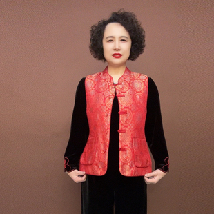 高品质阔太太返潮国风马甲提花缎一字盘扣带兜坎肩春装裤子三件套