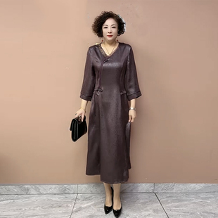 新中式改良旗袍真丝连衣裙夏季新款中年妈妈中袖大码遮肚显瘦长裙