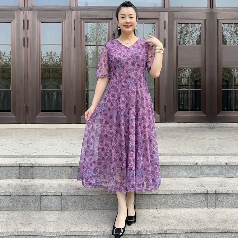 台湾纱洋气碎花高弹跳舞大摆裙女