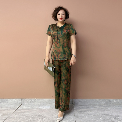 国风妈妈装真丝两件套旗袍裤子女
