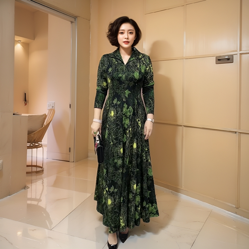 长款弹力秋冬金貂绒印花大摆裙