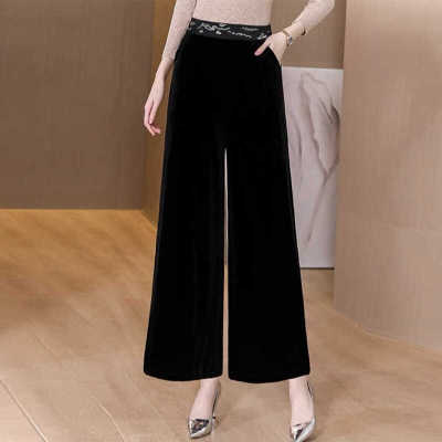 新款直筒刺绣休闲阔腿裤垂感高腰