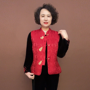 年货春装新款马夹返潮国风唐装福禄坎肩丝绒小衫裤子大码三件套装