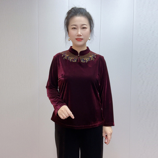 新款 子套装 立领刺绣小衫 遮肉显瘦裤 50岁大码 国风妈妈丝绒上衣春装