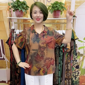 中老年妈妈短袖体恤夏新款桑蚕丝印花娃娃领减龄显瘦加肥加大上衣