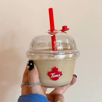 tims迷你墩墩杯吸管杯冷水杯钠钙玻璃可爱便携咖啡网红吸管杯水杯