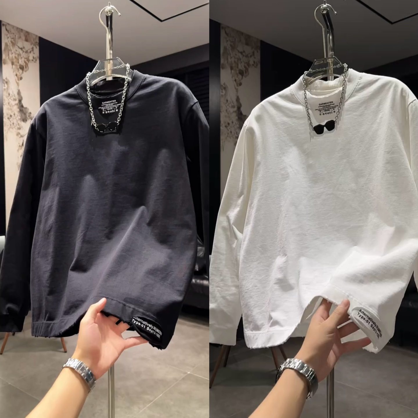 秋冬新款卫衣男款圆领印花破洞长袖T恤百搭打底衫痞帅高级感上衣