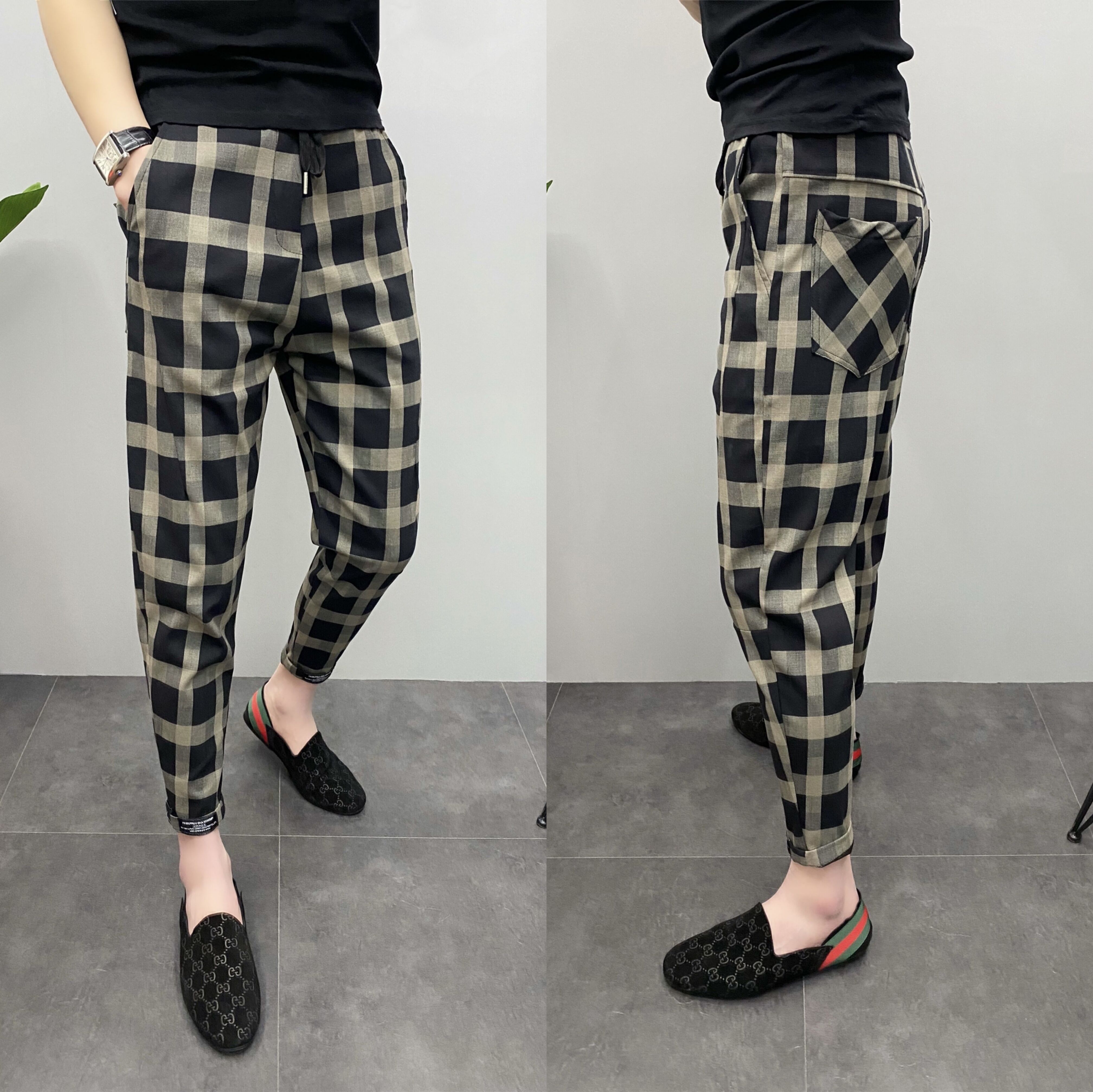 夏季薄款裤子男九分裤修身痞帅青年小脚哈伦裤格子裤锥形休闲裤潮,男装,休闲裤,淘宝优惠券,粉丝福利购,淘宝优惠卷