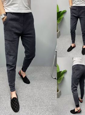 加绒黑色牛仔裤男修身小脚裤高弹百搭条纹休闲长裤秋季精神小伙裤
