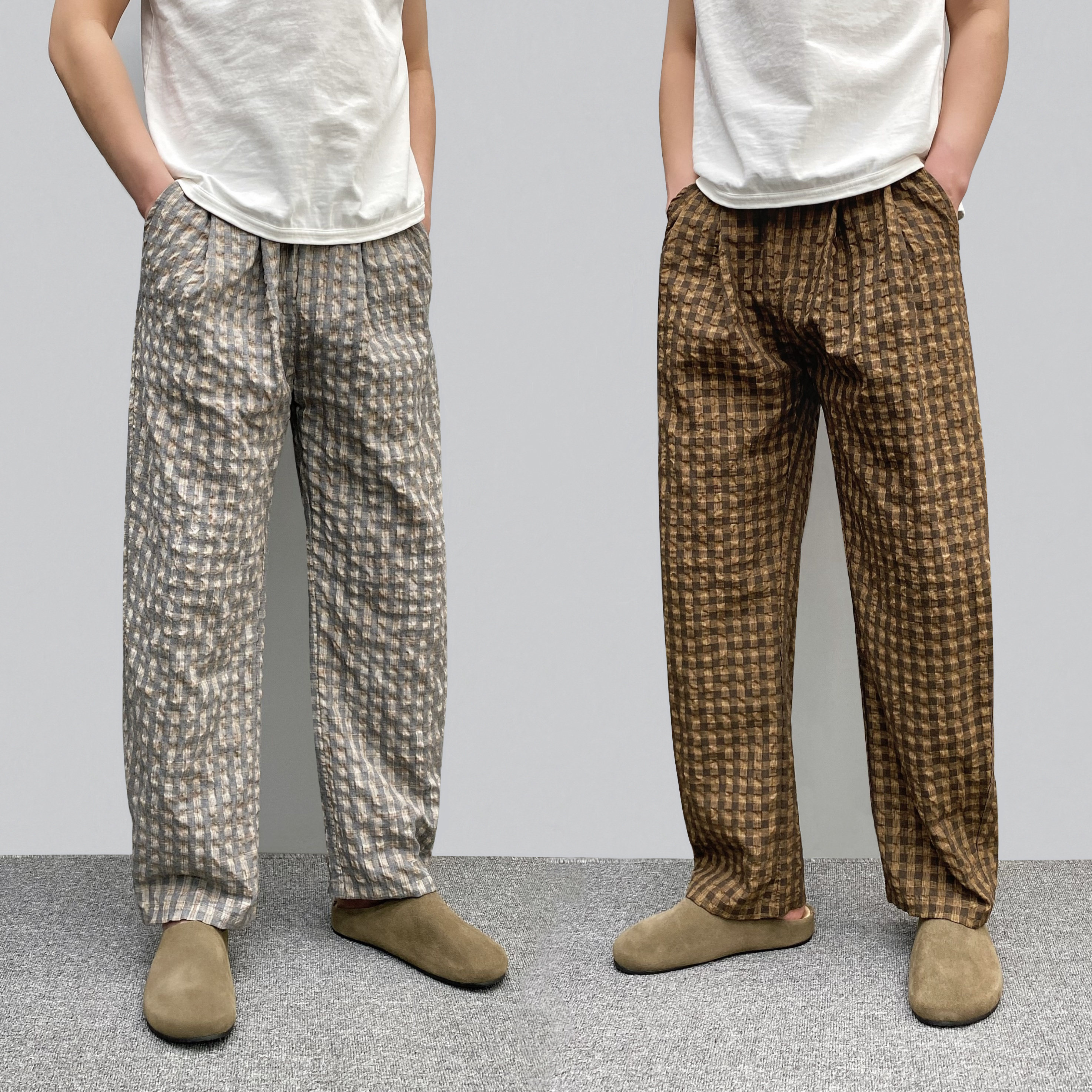 夏季薄款裤子男款潮流慵懒风格子裤百搭直筒裤青年痞帅宽松休闲裤